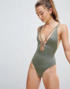 New Look Strappy Ring Detail Swimsuit - Green