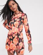 Sacred Hawk Mini Dress With High Collar In Bold Floral-multi