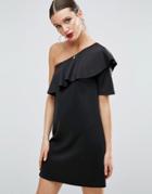 Asos One Shoulder Mini Dress In Scuba With Asymmetric Frill - Black