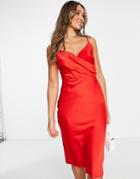 Lola May Wrap Front Satin Midi Dress In Red