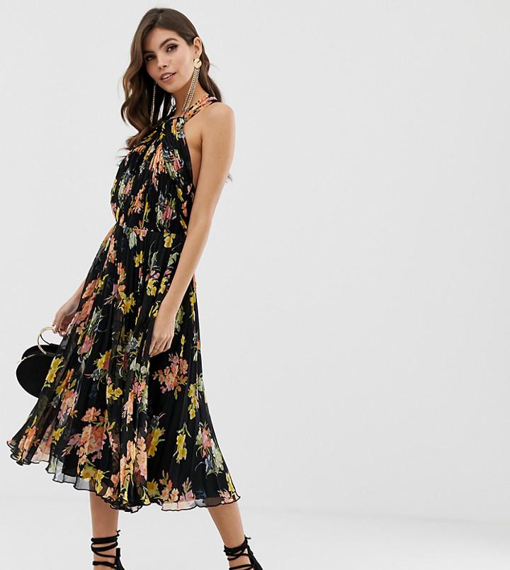 Asos Design Pleated Bodice Halter Midi Dress In Floral Print - Multi