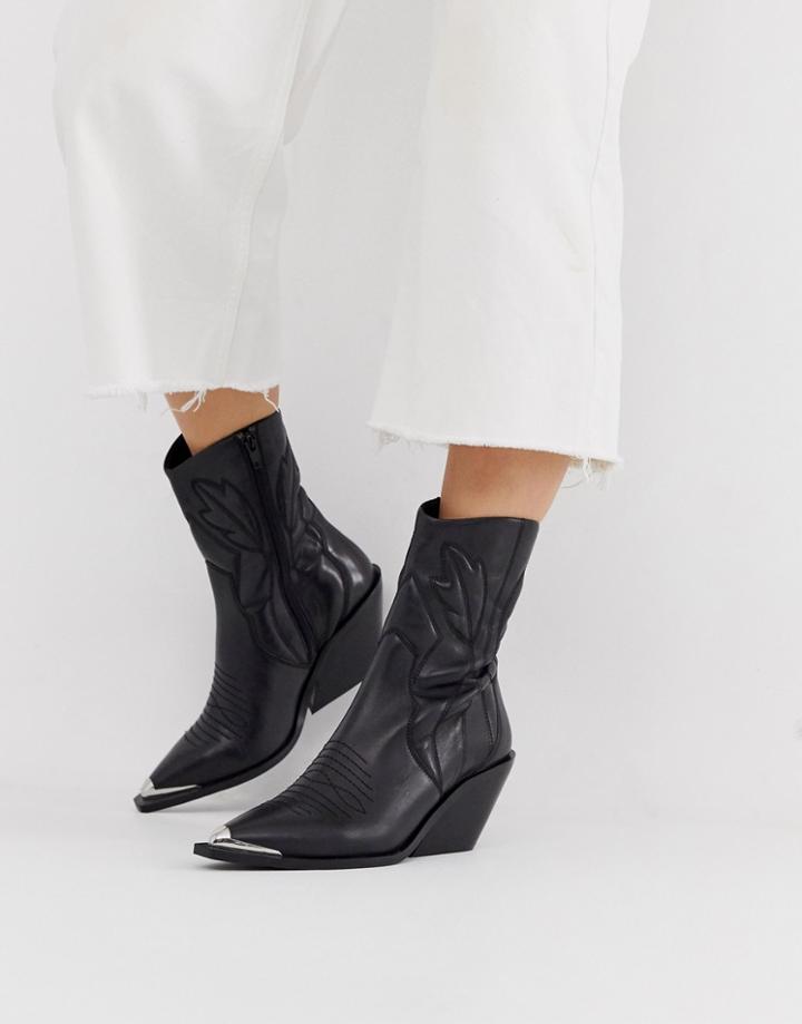 Asos Design Arkansas Leather Western Boots In Black - Black