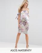 Asos Maternity Bow Bardot Midi Dress In Floral - Multi
