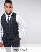 Asos Plus Super Skinny Suit Vest In Navy Check With Nep - Navy