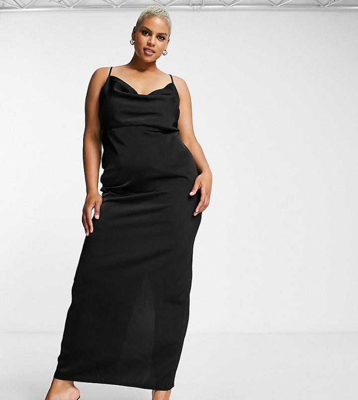 Naanaa Plus Cowl Neck Satin Maxi Dress In Black