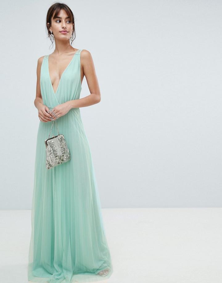 Asos Design Pleated Tulle Maxi Dress With Lace Back-green
