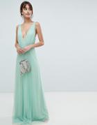 Asos Design Pleated Tulle Maxi Dress With Lace Back-green