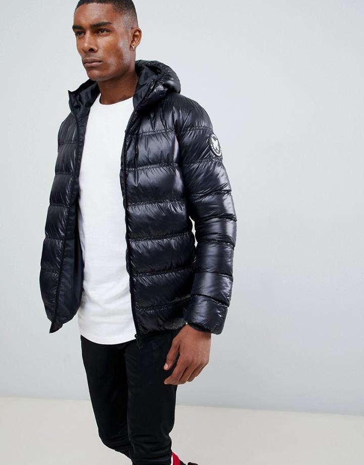 Good For Nothing Hooded Puffer Jacket In Black Wet Look - Black