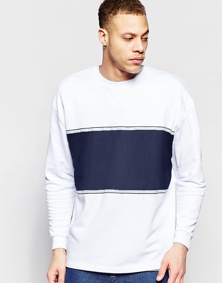 Asos Longline Oversized Sweatshirt With Woven Panel & Cuff Zips - White