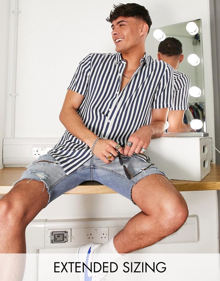 Asos Design Shirt In Navy Summer Stripe