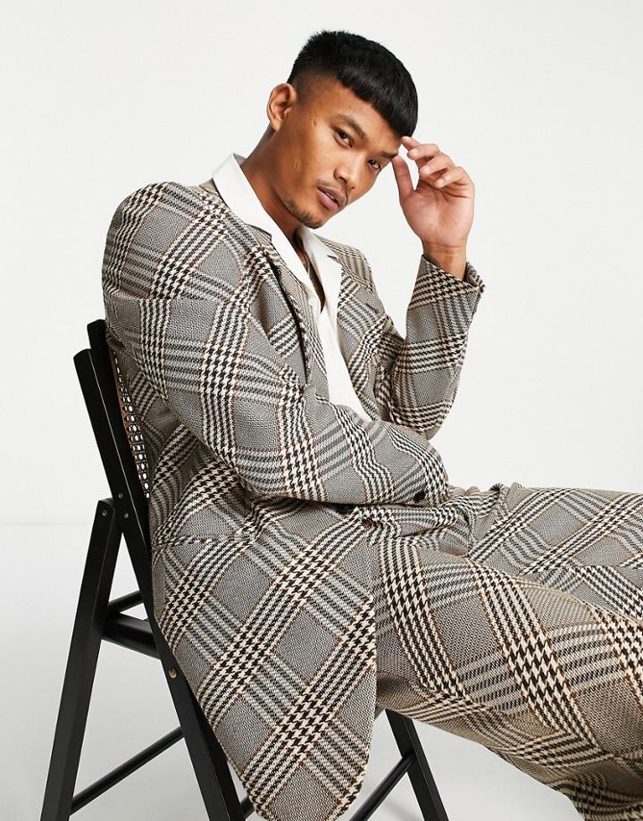 Asos Design Slim Longline Suit Jacket With Bias Check In Brown