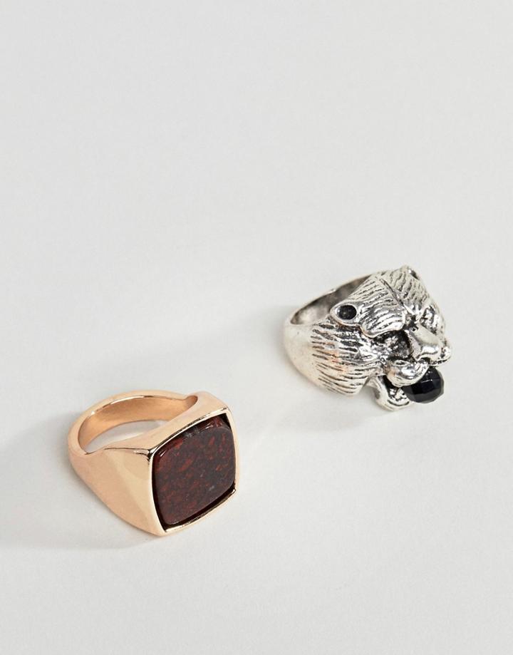 Bershka 2-pack Signet And Cat Rings In Gold And Silver - Silver