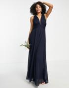 Asos Design Bridesmaid Ruched Bodice Drape Maxi Dress With Wrap Waist-navy