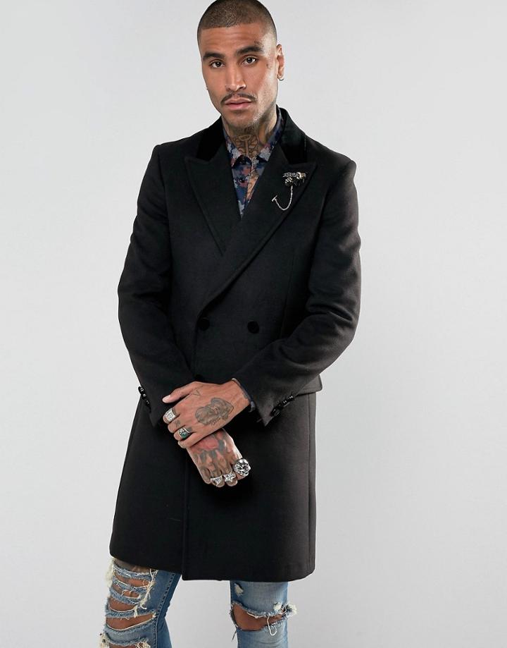 Devils Advocate Premium Wool Blend Overcoat With Velvet Collar And Lapel Pin. - Black