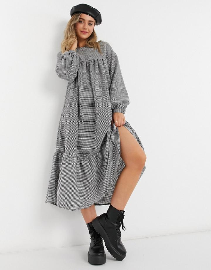Asos Design Oversized Check Midi Smock Dress With Pephem In Black And White-multi