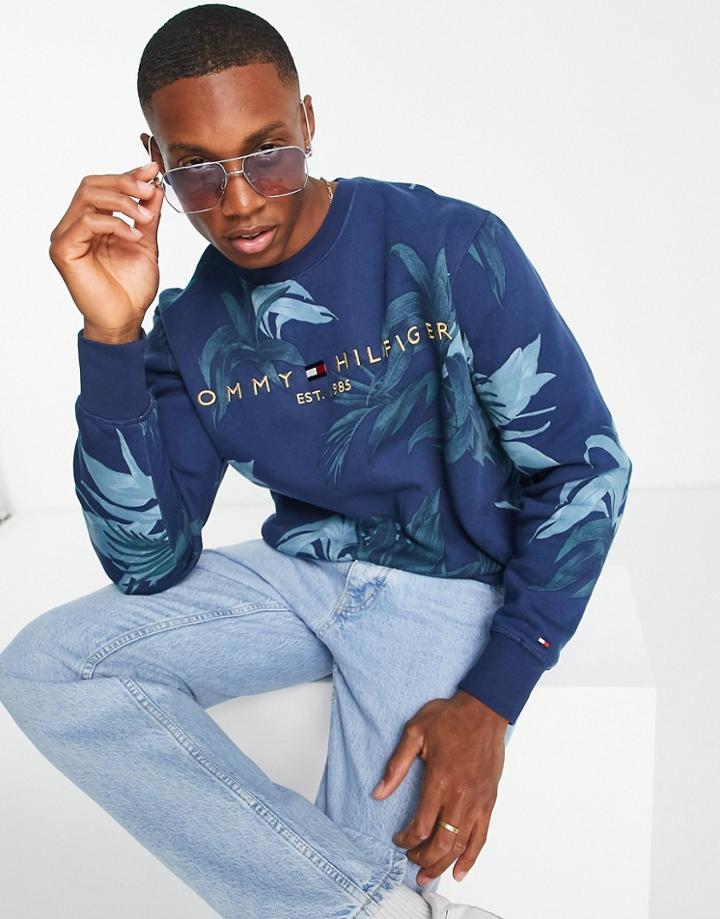 Tommy Hilfiger Chest Logo Palm Floral Print Sweatshirt In Navy - Part Of A Set