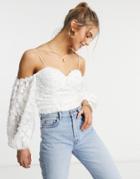 Forever U Cold Shoulder Top With Puff Sleeve And Cup Detail In Textured White