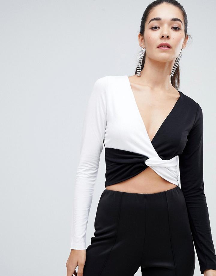 Asos Design Long Sleeve Twist Front Color Block Top - Multi