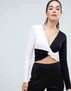 Asos Design Long Sleeve Twist Front Color Block Top - Multi