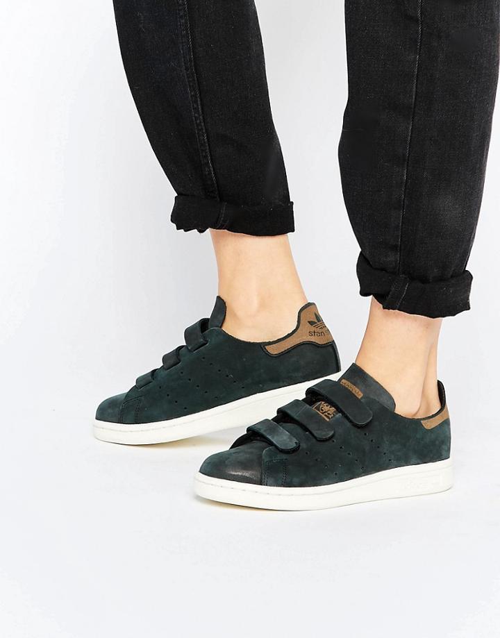 Adidas Originals Black Nubuck Leather Stan Smith Sneakers With Strap -