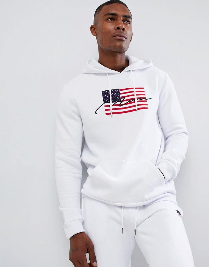Boohooman Hoodie With American Flag In White - White