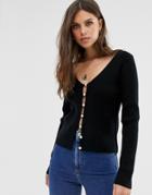 Fashion Union Button Front Cardigan With Pearl Buttons-black