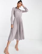 Closet London Pleated Satin Shirt Midi Dress In Antique Gray-grey