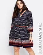 Yumi Plus Belted Dress In Border Print - Navy