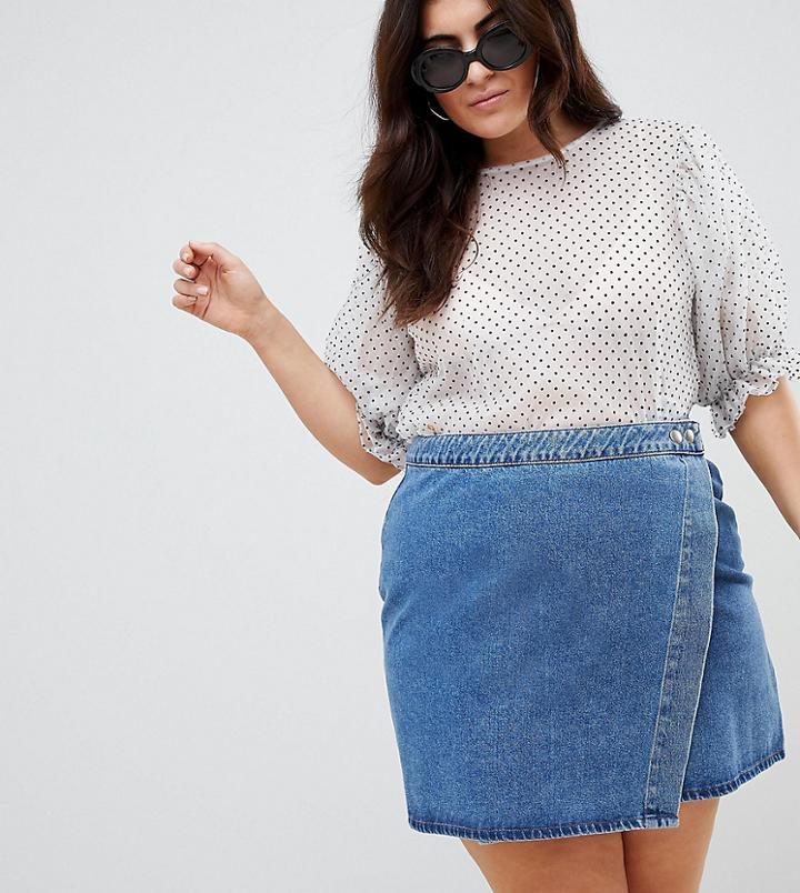 Asos Design Curve Denim Wrap Skirt In Midwash Blue - Blue
