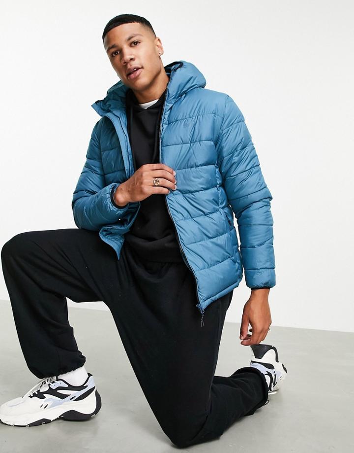 Pull & Bear Lightweight Hooded Puffer In Navy
