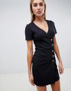 Asos Design Textured Mini Pencil Dress With Faux Horn Buttons - Black