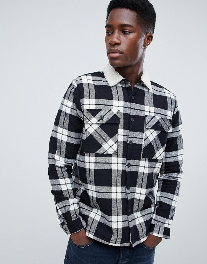 New Look Regular Fit Check Shirt With Fleece Lining In Black - Black
