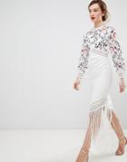 Frock & Frill Long Sleeve Embroidered Dress With Fringed Detail - White