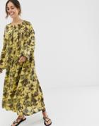 Ghospell Oversized Midi Smock Dress In Tie Dye - Yellow