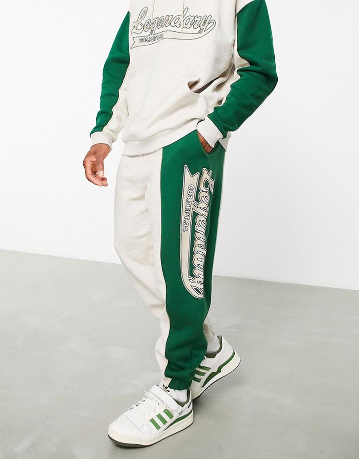 Asos Design Relaxed Sweatpants In Gray Heather & Green Color Block With Embroidery-multi