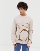 Asos White Oversized Sweatshirt In Heavyweight Beige Jersey With Boucle Embroidery - Beige