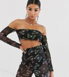 Rokoko Bardot Crop Top In Sheer Butterfly Mesh Two-piece - Black