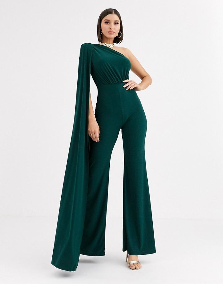 Club L London One Shoulder Drape Detail Jumpsuit In Teal