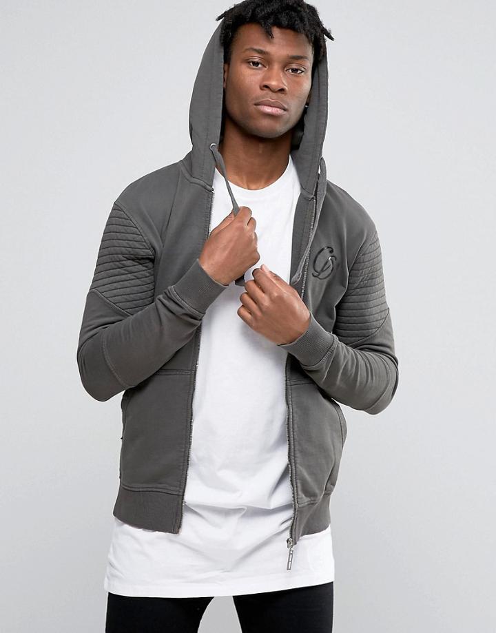Criminal Damage Zip Through Biker Hoodie - Gray