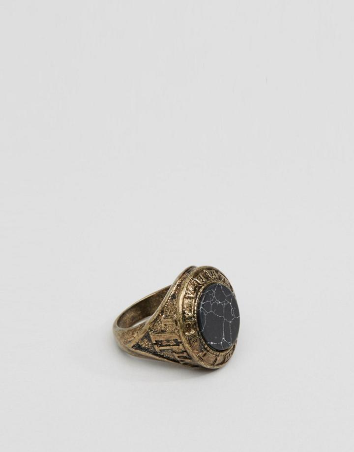 Asos Embellished Signet Ring With Black Stone - Gold