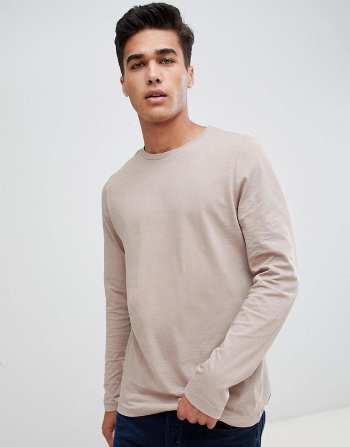 Asos Design Long Sleeve T-shirt With Crew Neck In Beige - Beige