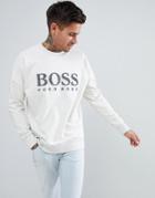 Boss Flock Logo Crew Neck Sweat In Cream - Stone