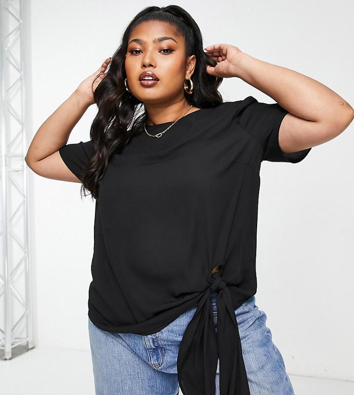 Asos Design Curve Woven Tee With Knot Tie In Black