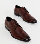 Asos Design Wide Fit Brogue Shoes In Brown Leather With Punching Apron Detail - Brown