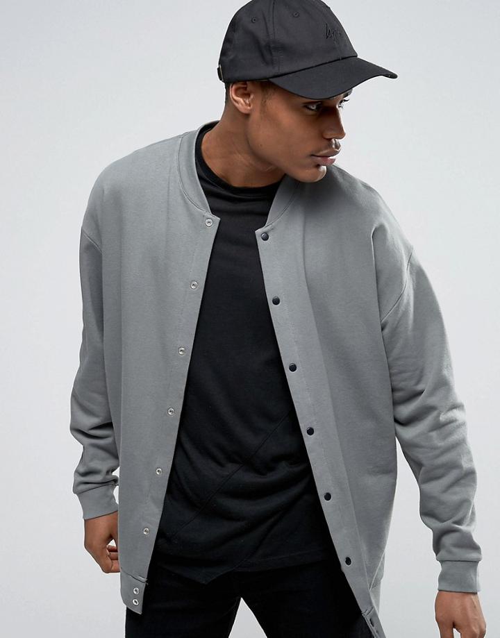 Asos Oversized Longline Jersey Bomber Jacket With Snaps - Gray