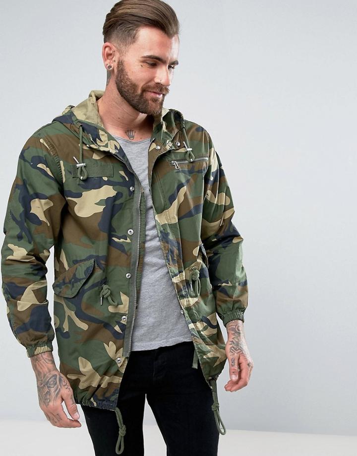 Pull & Bear Lightweight Parka Jacket In Camo - Green
