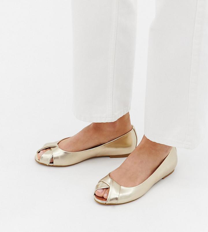 Asos Design Leeva Wide Fit Peeptoe Ballet Flats-gold