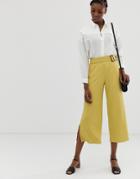 Asos Design Wide Leg Culotte In Textured Rib With Tortoiseshell Buckle - Yellow