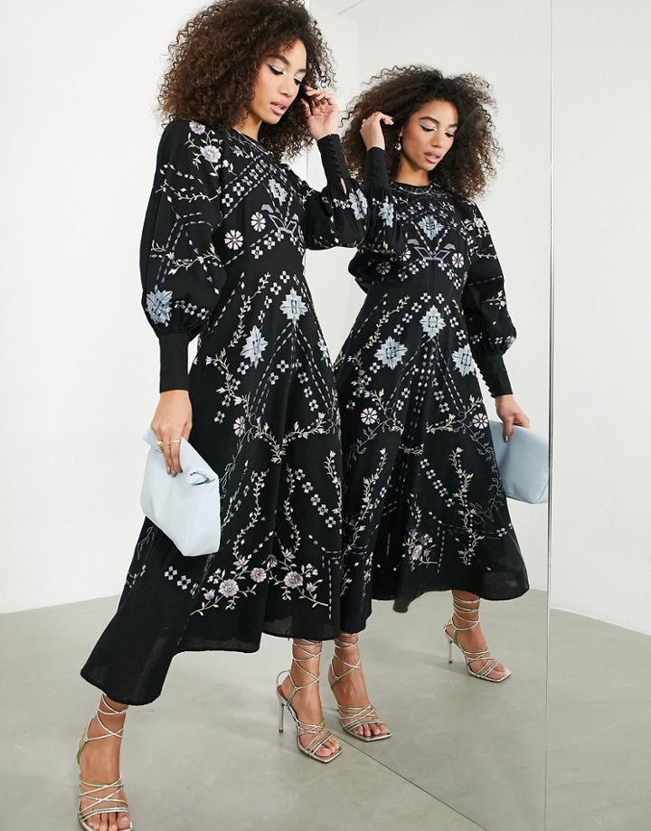 Asos Edition Geo Floral Embroidered Waisted Midi Dress In Black