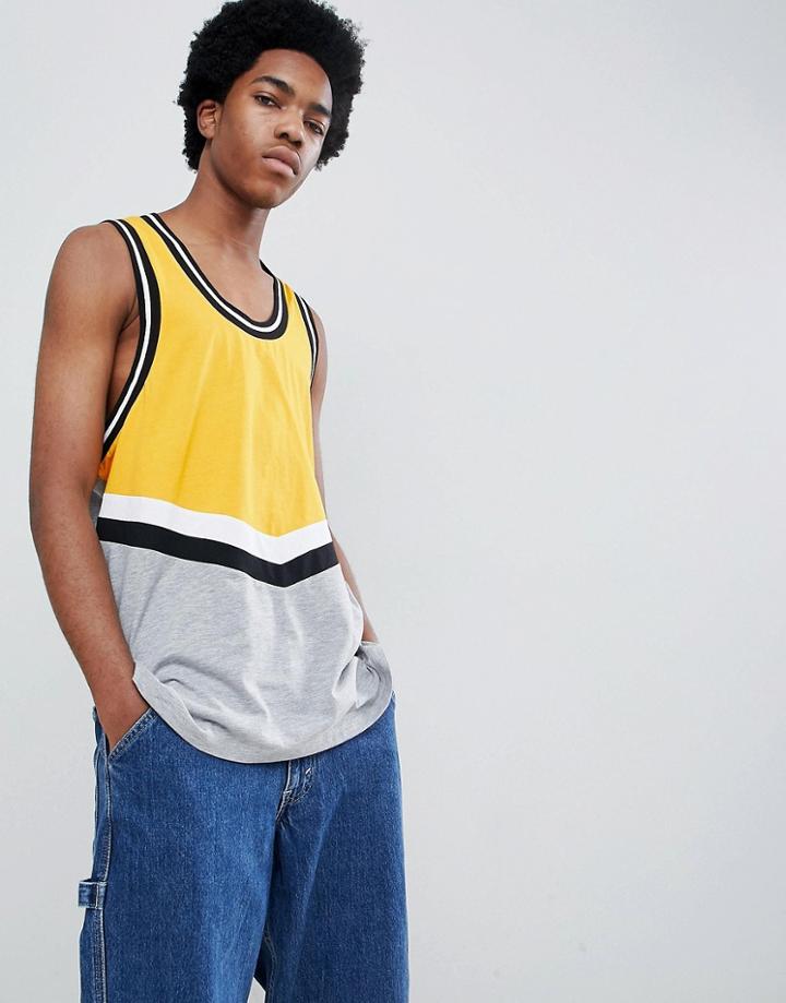 Asos Design Oversized Longline Tank With Chevron Color Block And Monochrome Tipping In Yellow - Yellow